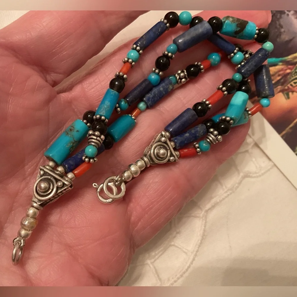 VINTAGE 925 STERLING NATIVE AMERICAN HANDMADE MULTI STONE BRACELET 7” - Picture 3 of 9